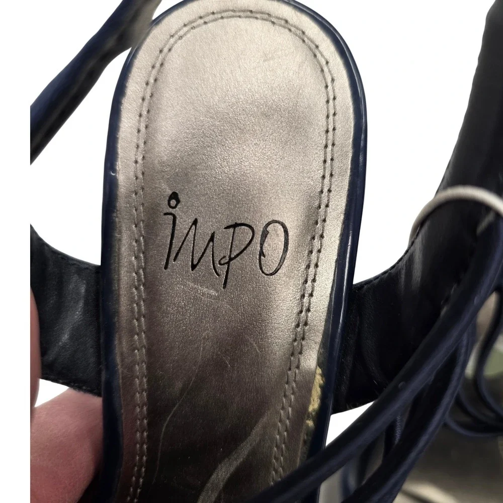 IMPO Vanolo Navy Blue Wedge Sandals Elastic Multi-Strap Dress Shoes Womens 7M
